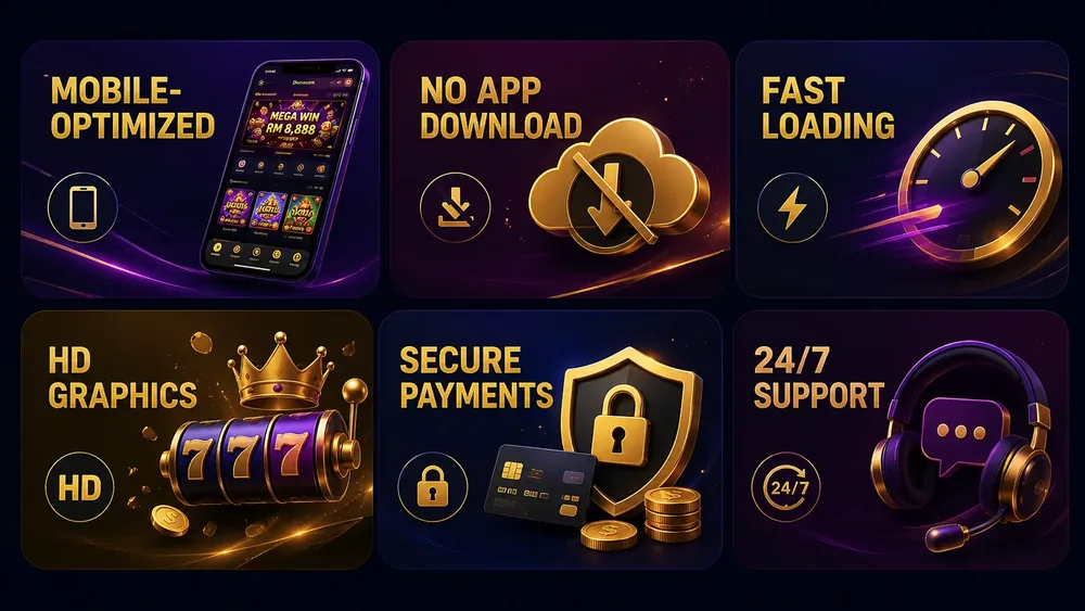 Mobile-optimized, no app download, fast loading, HD graphics, secure payments, 24/7 support